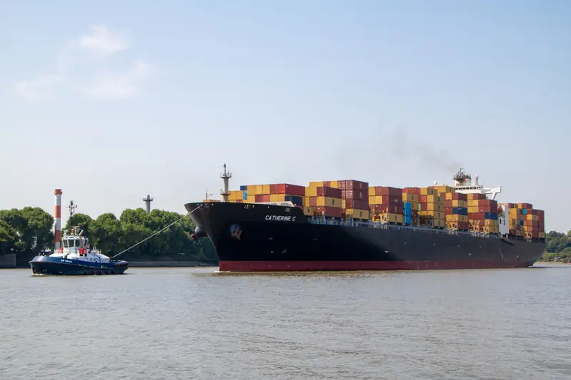 Remorqueur accompagnant un porte-conteneurs sur un fleuve
